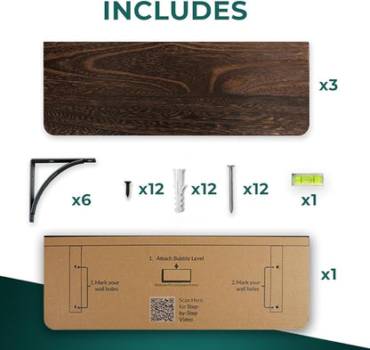 Willowy Reinforced Steel Bracket Rustic Brown Shelves - Easy to Install, Template and Video Included - Deep Large Wall Shelves for Bedroom, Open Kitchen Shelves for Wall