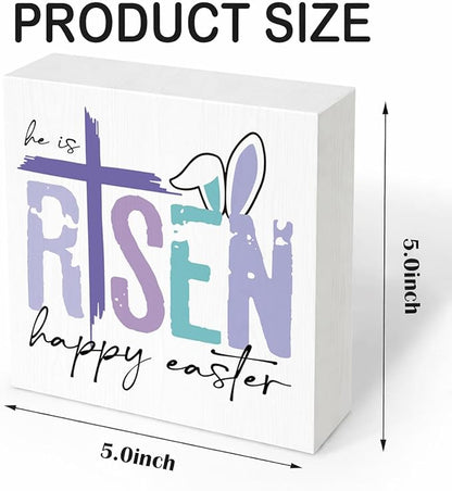 Christian Easter Decor He Is Risen Wooden Sign, Religious Cross Bunny Happy Easter Design, Easters Front Door Decorations for Home, Farmhouse Wall Hanging Spring Decor