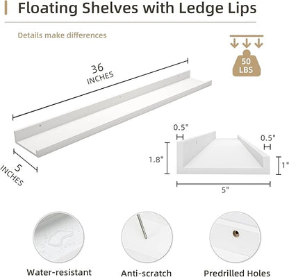 Picture Ledge Shelf, Wood Floating Shelves Set of 2, 36 inch Picture Ledge Shelves, Photo Ledge Nursery Book Shelves Wall Mounted for Living Room Kids' Room Bedroom, Color White