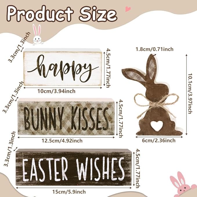 DIYDEC 4Pcs Easter Tabletop Decorations Bunny Wooden Block Signs Gift Rustic Tiered Tray Decor Happy Easter Centerpiece Farmhouse Wood Rabbit Table Sign for Kitchen Home Office Party Decor