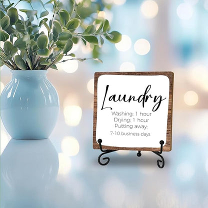 Funny Laundry Room Decor Sign for Bathroom, Laundry Sign: Washing 1 Hour, Drying 1 Hour, Putting Away 7-10 Business Days Wood Plaque Sign Rustic Wooden Plaque With Stand for Home Farmhouse Shelf Table