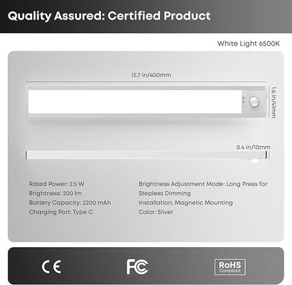 Under Cabinet Lighting Wireless, 2 Pack 15.7 inch 2200mAh 6500K Dimmable Motion Sensor Light Indoor, Rechargeable LED Under Counter Lights for Kitchen, Shelf, Stairs, Closet