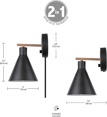 Globe Electric 51725 1-Light Dimmable Plug-in or Hardwire Wall Sconce, Matte Black, Faux Walnut Accent, Stepless Dimming Rotary Switch on Canopy, Black Fabric Cord, Bulb Not Included