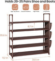 Shoe Rack for Closet Shoe Organizer Space Saver Storage for 20-25 Pair Shoe Shelf with Hook and Side Pocket Free Standing 5 Tier Shoe Rack Organizer for Entryway,Small Spaces, Brown