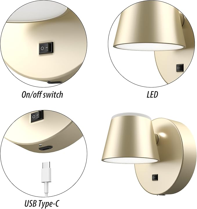 URSOLA Battery Operated Wall Lights Set of Two, LED Rechargeable Battery Wall Sconce with 9000mAh 3CCT and Dimmable Magnetic 360° Rotation Cordless Light for Bedroom（Champaign）