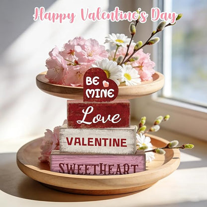 4 Pcs Pink Valentines Day Decorations for Home Happy Valentines Day Tier Tray Decor Love Valentine Sweetheart Sign Farmhouse Decorations for Home Office Tabletop Centerpieces