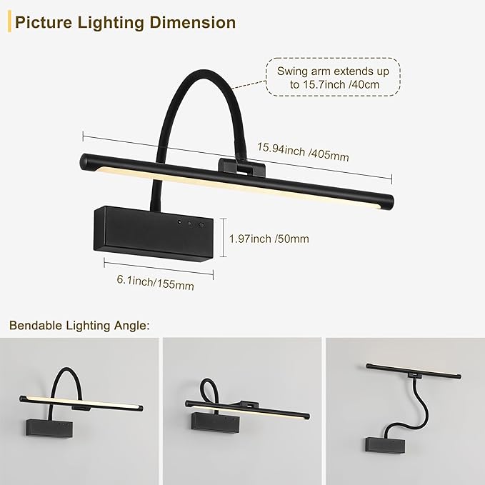 JOOSENLUX Wireless Picture Light - Battery Operated Black Wall Light with Remote Control - Dimmable Timer - 15.94” Display - Flexible Neck Swing Arm - Art Gallery Light