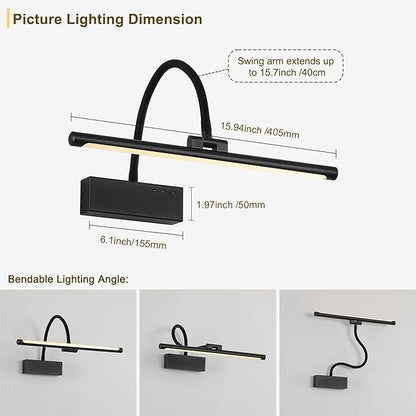 JOOSENLUX Wireless Picture Light - Battery Operated Black Wall Light with Remote Control - Dimmable Timer - 15.94” Display - Flexible Neck Swing Arm - Art Gallery Light