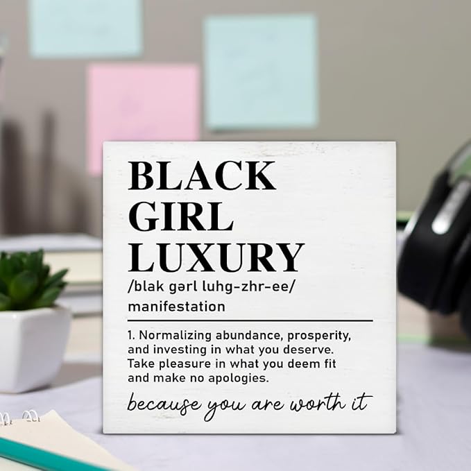 TSUYAWU Black Girl Luxury Definition Wooden Sign Motivational Decor for Home Office Bedroom, 5 x 5 Inches