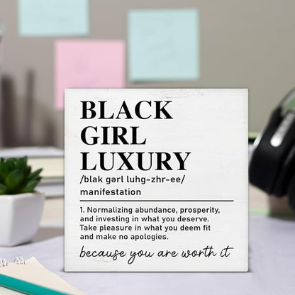 TSUYAWU Black Girl Luxury Definition Wooden Sign Motivational Decor for Home Office Bedroom, 5 x 5 Inches