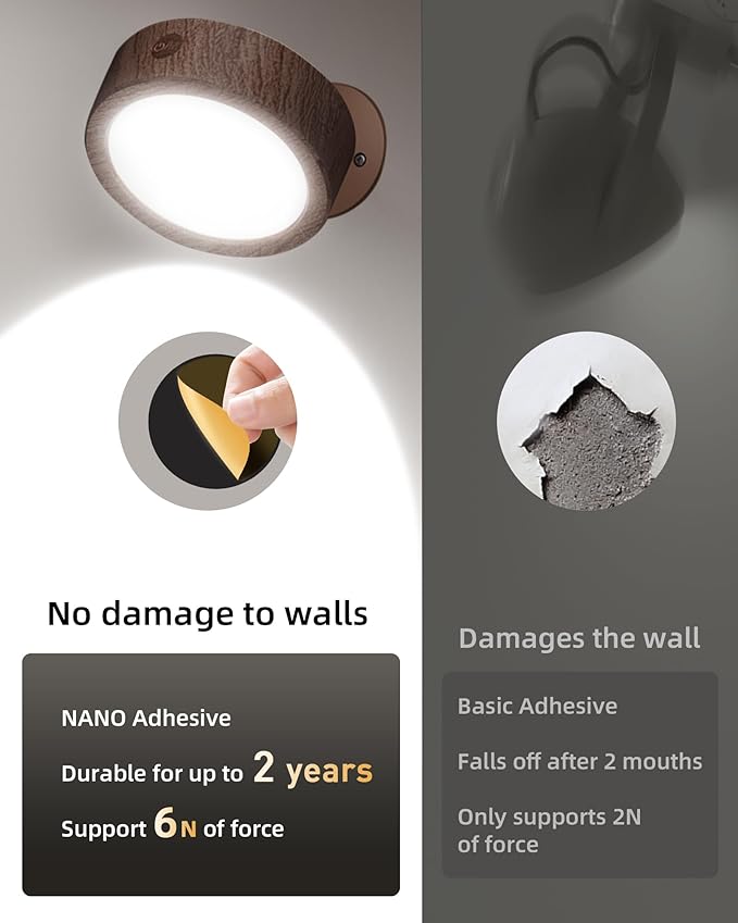 EZVALO LED Wall Mounted Light, 3000mAh Rechargeable Cordless Wall Sconce, Dimmable with Remote & Touch Control, 3 Color Temps, 360° Rotatable for Bedroom, Bedside, Reading(Walnut)