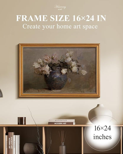 HUARCEY Gold Framed Canvas Wall Art Prints, Bathroom Vintage Decor Aesthetic, Classical Roses Floral Paintings Farmhouse Wall Decor, Large Retro Decoration for Bedroom Living Room, 16x24Inch
