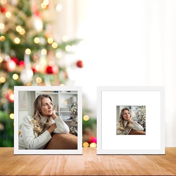 10x10 Picture Frame Set of 9, Display Pictures 8x8 with Mat or 10x10 without Mat, Multi Collage Gallery Square Photo Frames for Wall or Tabletop, White