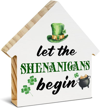 Funny St. Patrick's Day Irish Decor, Let the Shenanigans Begin House Shaped Wood Block Sign, Home Decor for Desk Table Shelf, St Patricks Day Decorations