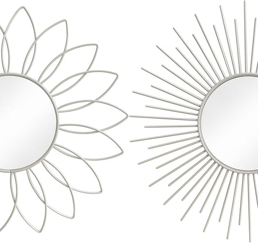 3 Pack Metal Mirrors for Wall Sunburst Wall Mirrors Home Décor Decorative Hanging Wall Art for Living Room Bedroom Entryway (White, Flower+Sunburst)