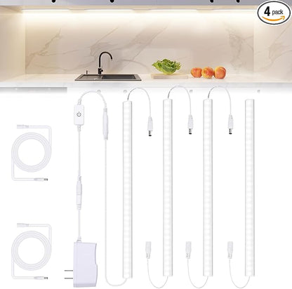 JUSJUBR Under Cabinet Lights Plug-in, 4 Pack x 12inch LED Under Cabinet Lighting, Dimmable Plug-in Light Bar for Desk, Under Kitchen Counter LED Lights with Memory Function, Cold White 6500K