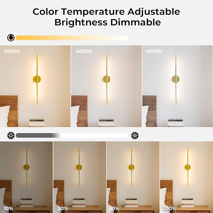 Battery Operated Wall Sconces Set of 2, 10000mAh Wireless Rechargeable Wall Lights Dimmable Detachable Wall Lamp with Remote Control, 3000K-6500K Dimmable Wall Sconce 28.3 Inch Gold