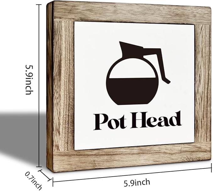 Pot Head Coffee Bar Decor, Box Wooden Plaques Desk Decor, Rustic Pot Head Coffee Sign, Rustic Wood Signs for Kitchen Cafe Bar, Square Wood Block Sign Table Decoration 5.9×5.9 inch