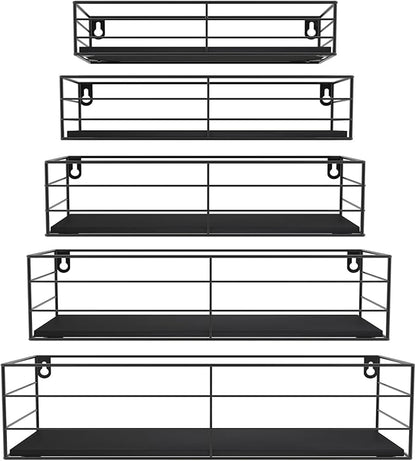CRUGLA Floating Shelves Wall Mounted Set of 5, Black Hanging Storage Wall Shelf for Bathroom, Kitchen, Bedroom, Living Room Home Decor