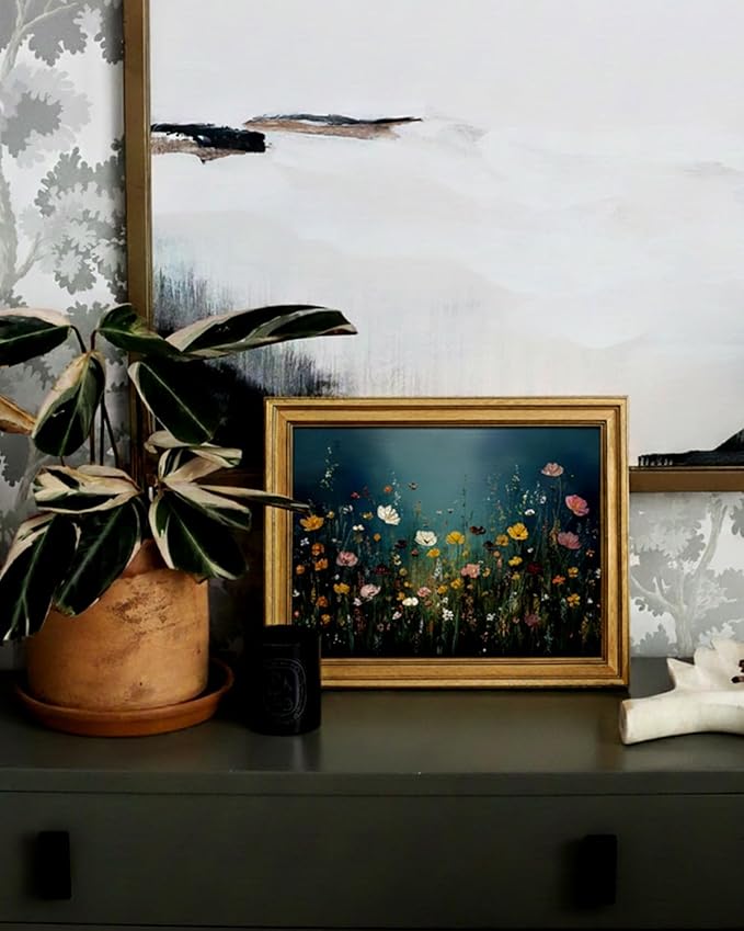 VIYYIEA Gold Framed Art Prints,12x16Inch, Wildflower Floral Vintage Art Painting, Moody Maximalist Decor for Library Bathroom Dining Room Shelf, Rustic Farmhouse Canvas Blue Picture