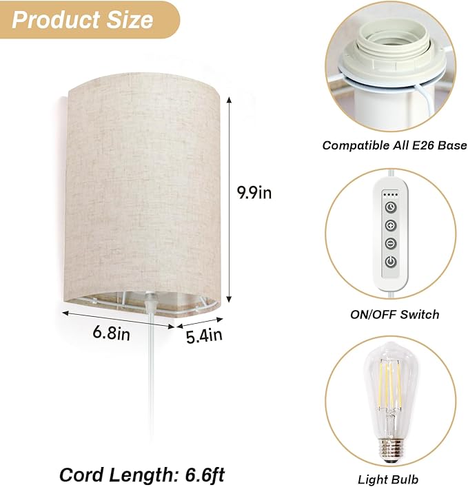 Wall Sconce Light Plug in, Dimmable Sconces Wall Decor Set of 2, Stick on Wall Lights for Bedroom Living Room Hallway, Plug in Wall Sconces with Remote, LED Bulbs Included