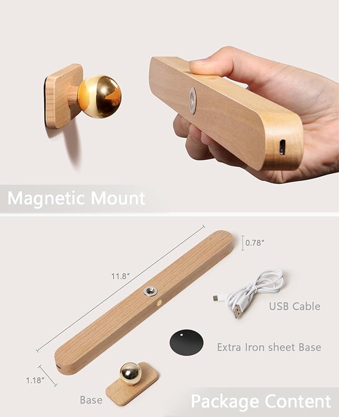 Chilvane Wall Lights for Bedroom Battery Operated Wall Sconce Lamp Vanity Light Magnetic Aesthetic Wooden Big Capacity 2000mah Pack 2 Wireless Rechargeable Wall Lights for Living Room,Beech Wood