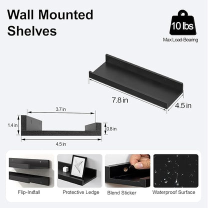 Small Black Floating Shelves for Wall Decor, Wall Mounted Wood Shelf for Bedroom, Living Room, Bathroom, Kitchen, Nursery, Display Ledge Shelf with Lip Set of 2-8 Inches, Black