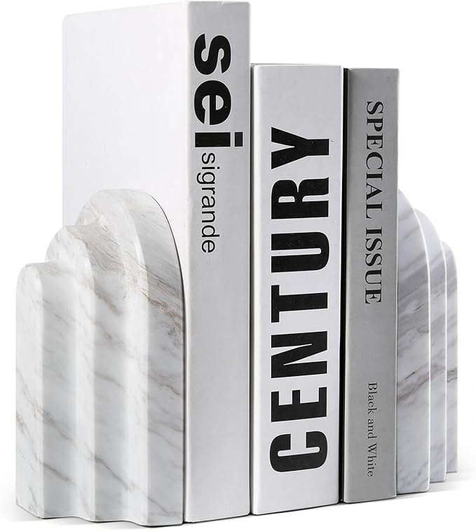Natural Marble Book Ends - Heavy Duty Bookends for Shelves - Aesthetic Layered Arch Design Stone Book Holders, Modern Office Bookshelf Stopper Decor for Books/CDs (Volakas)
