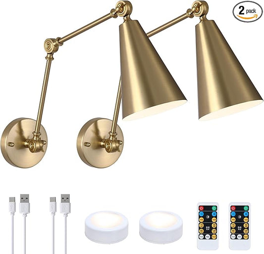 MWZ Gold Battery Operated Swing Arm Wall Sconces Set of 2,Wireless Rechargeable Dimmable 3 Color Wall Light with Remote,Cone Indoor Light Fixture for Bedside,Kitchen,Hallway,Living Room,Reading