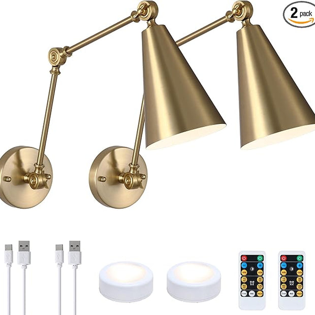 MWZ Gold Battery Operated Swing Arm Wall Sconces Set of 2,Wireless Rechargeable Dimmable 3 Color Wall Light with Remote,Cone Indoor Light Fixture for Bedside,Kitchen,Hallway,Living Room,Reading