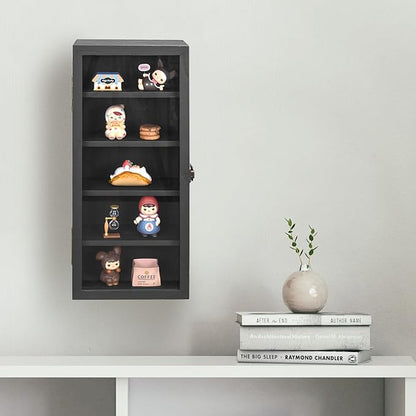 Ikee Design Wall Mounted Wooden Collectible Display Case 5 Shelf Display Storage Accessories with Tempered Glass Door, Black Color