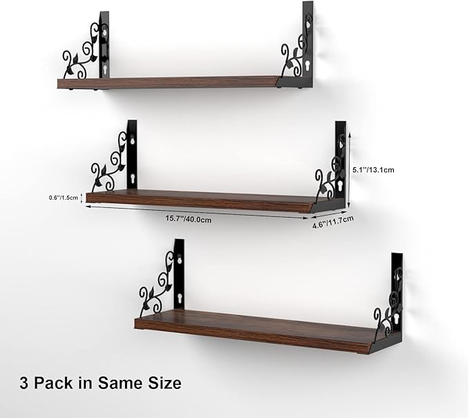 Lavezee Vintage Floating Shelves Set with Metal Vine Leaf Plants Shape for Wall Decor, Black and Rustic Wooden Decorative Wall Shelf for Living Room, Bedroom, Bathroom, 3 Packs
