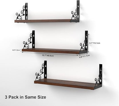 Lavezee Vintage Floating Shelves Set with Metal Vine Leaf Plants Shape for Wall Decor, Black and Rustic Wooden Decorative Wall Shelf for Living Room, Bedroom, Bathroom, 3 Packs