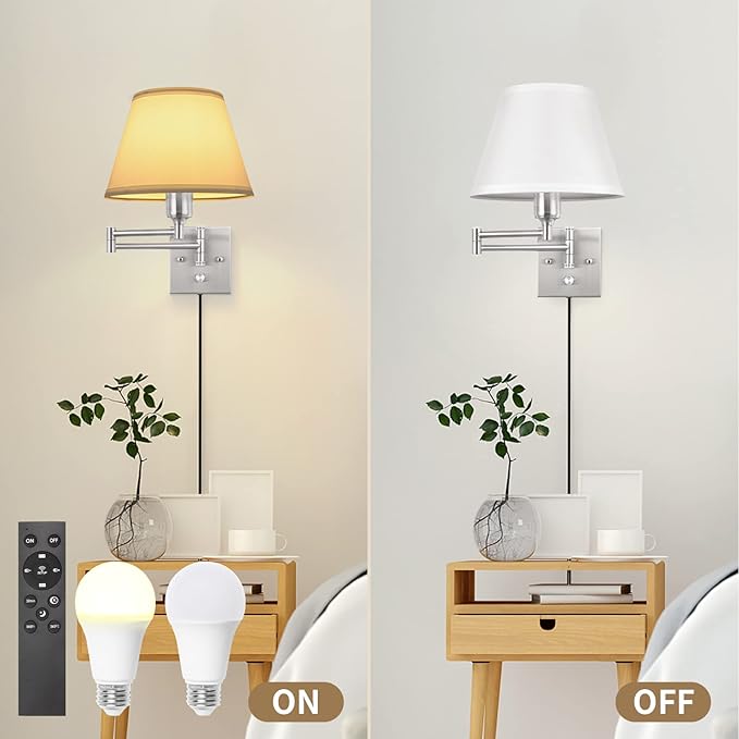 TRLIFE Wall Sconces Plug in, Remote Control Dimmable Wall Sconce and Adjustable Color Temperature 2700K-6500K, Swing Arm Wall Lights with Plug in Cord, 9.4