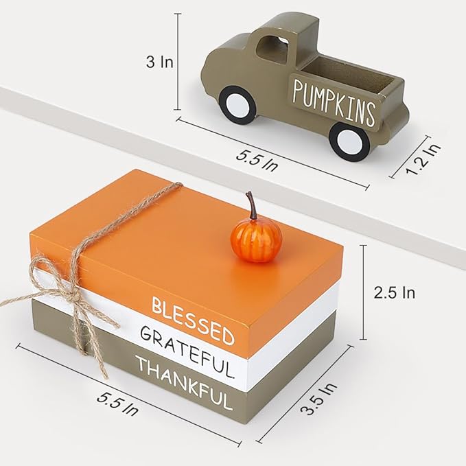 Fall Table Decor, Farmhouse Wooden Fall Signs with Book Stack, 3D Truck and 5 Individual Pumpkins for Tiered Tray, Coffee Bar, Shelf and Mantle Decor - Fall Decorations for Home
