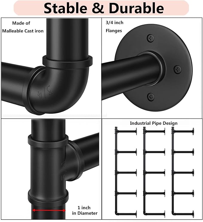 Industrial Pipe Shelf Brackets Wall Mount, Open Black Pipe Shelving for Kitchen,Floating Shelf Brackets Mount,Open Bookshelf Brackets for Shelves,Wall Shelves 12 Inch Deep,(2PcsX3Tier,61