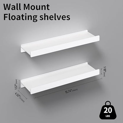 Floating Shelves for Wall, Wall Mounted Shelves with Lip for Storage, Metal Display Shelves for Home Decor, Kitchen/Living Room/Bedroom/Bathroom Shelf, White 16 inch 2 Pack