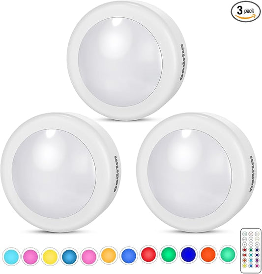 Cadrim Puck Lights, 13 Colors Changeable LED Puck Lightings, Battery Powered Dimmable Under Cabinet Lights, Battery Operated Lights with 1 Remote Controls for Kitchen(3 Pack)