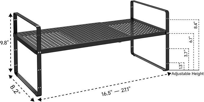2Pack 16.5-27’’L Expandable Cabinet Countertop Shelf Organizer, Stackable Metal Shelves, Kitchen Organizers and Storage, Black Storage Spice Rack for Pantry and Cupboard