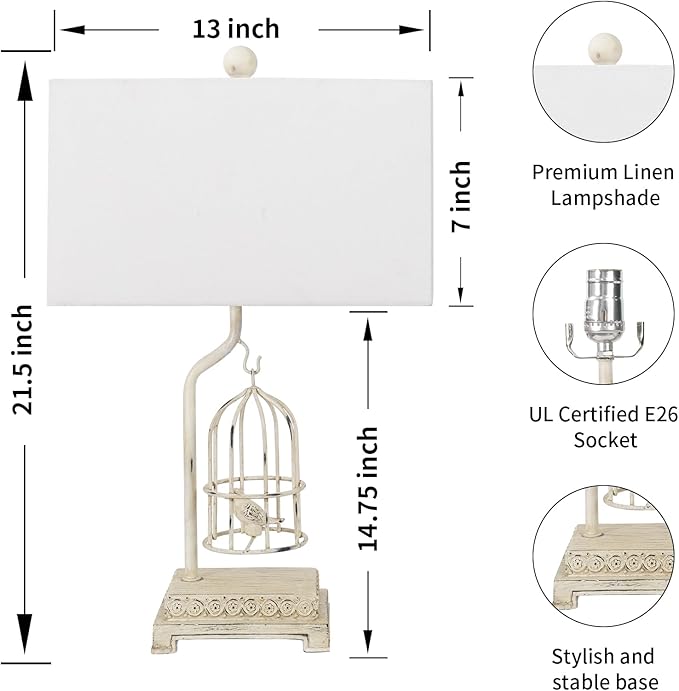 Rustic Farmhouse Table Lamps Set of 2, Birdcage Design Vintage Bedside Lamp Nightstand End Table for Living Room, Bedroom(2 LED Bulb Included)