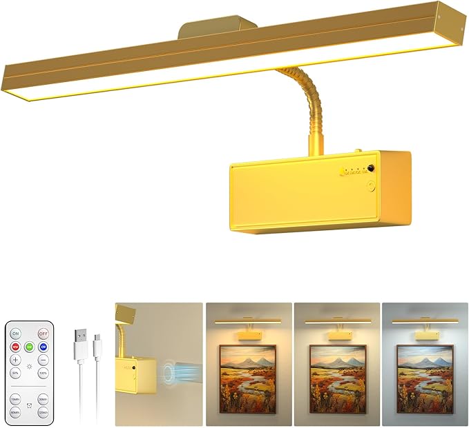 Wireless Picture Lights for Wall, 3000mAh Rechargeable with Power Level Display, 15'' Magnetic LED Art Painting Light with Remote & Timer, 3CCT Dimmable for Gallery, Frame, Dartboard (Gold)