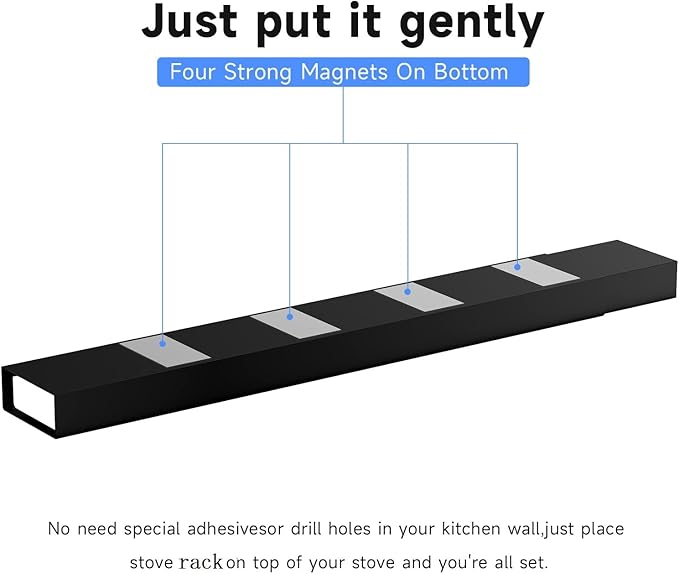 4X Strong Magnetic Stove Top Shelf, Adjustable 15-30 Inches, Fits Various Stove Lengths, Kitchen Organizer, Holds Spices, Condiments and BBQ Sauces (Matte Black)
