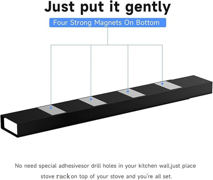4X Strong Magnetic Stove Top Shelf, Adjustable 15-30 Inches, Fits Various Stove Lengths, Kitchen Organizer, Holds Spices, Condiments and BBQ Sauces (Matte Black)
