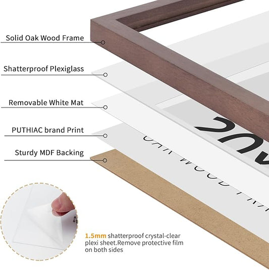 puthiac 20x20 Solid Oak Wood Picture Frame, Fits 16x16 with Mat or 20x20 Without Mat, Wall Display Only, Plexi Front, 1 Pack, Walnut