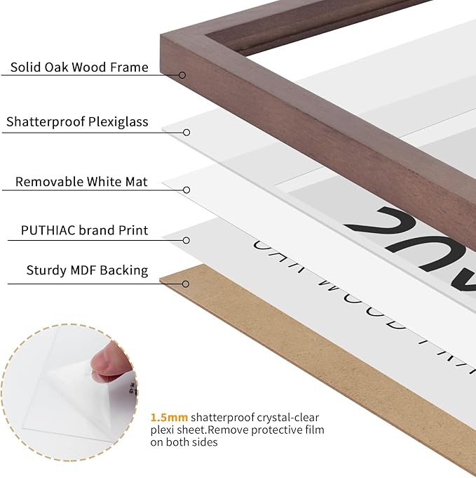 puthiac 20x20 Solid Oak Wood Picture Frame, Fits 16x16 with Mat or 20x20 Without Mat, Wall Display Only, Plexi Front, 1 Pack, Walnut