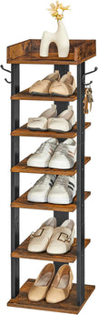 HOOBRO Vertical Shoe Rack for Front Door Entryway, 7 Tier Wooden Shoe Storage Organizer with Hooks, Narrow Shoe Tower for 7 Pairs, Space Saving, for Corner, Closet, Bedroom, Rustic Brown BF61XJ01