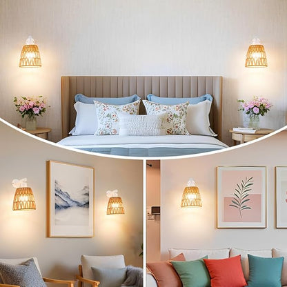 Battery Operated Wall Sconce Set of 2, Boho USB Rechargeable Wall lamp, White Farmhouse Rattan Sconce Lighting with Remote, RGB 15 Colors Modes Rechargeable Wall Lights for Bedroom Livingroom Hallway