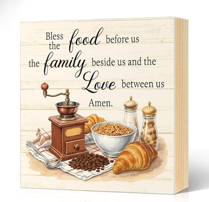 Bless The Food Before Us The Family Beside Us And The Love Between Us Wood Block Plaque Box Sign for Home Living Room Coffee House Bar Shelf Table Office Decoration, Bible Verse Home Decor