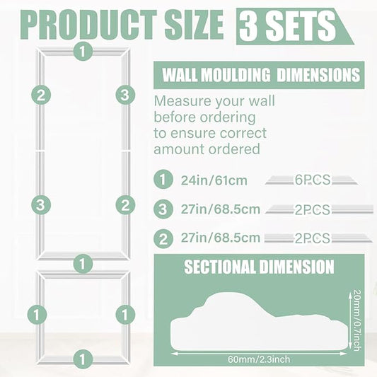 3 Sets Peel and Stick Pre-Cut Wall Molding Kit Wainscot Wall Panel Premade Wainscoting Panels for Interior Molded Home Moulding Decoration(Fashion)
