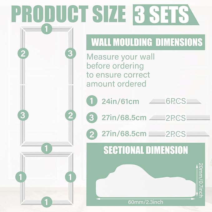 3 Sets Peel and Stick Pre-Cut Wall Molding Kit Wainscot Wall Panel Premade Wainscoting Panels for Interior Molded Home Moulding Decoration(Fashion)